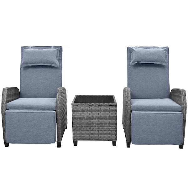 Unbranded 3-Pieces Wicker Adjustable Patio Conversation Set, 2-person Combination With Coffee Table, with Gray Cushions
