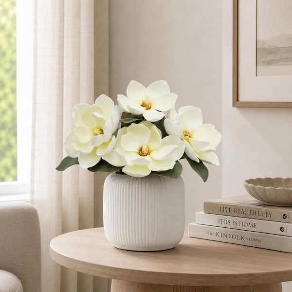 16 in. Artificial Magnolia Arrangement in White Pot