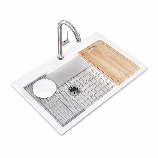 33 in. Drop-In Single Bowl 1-Hole White Fireclay Workstation Sink with Bamboo Cutting Board and Rolling Mat