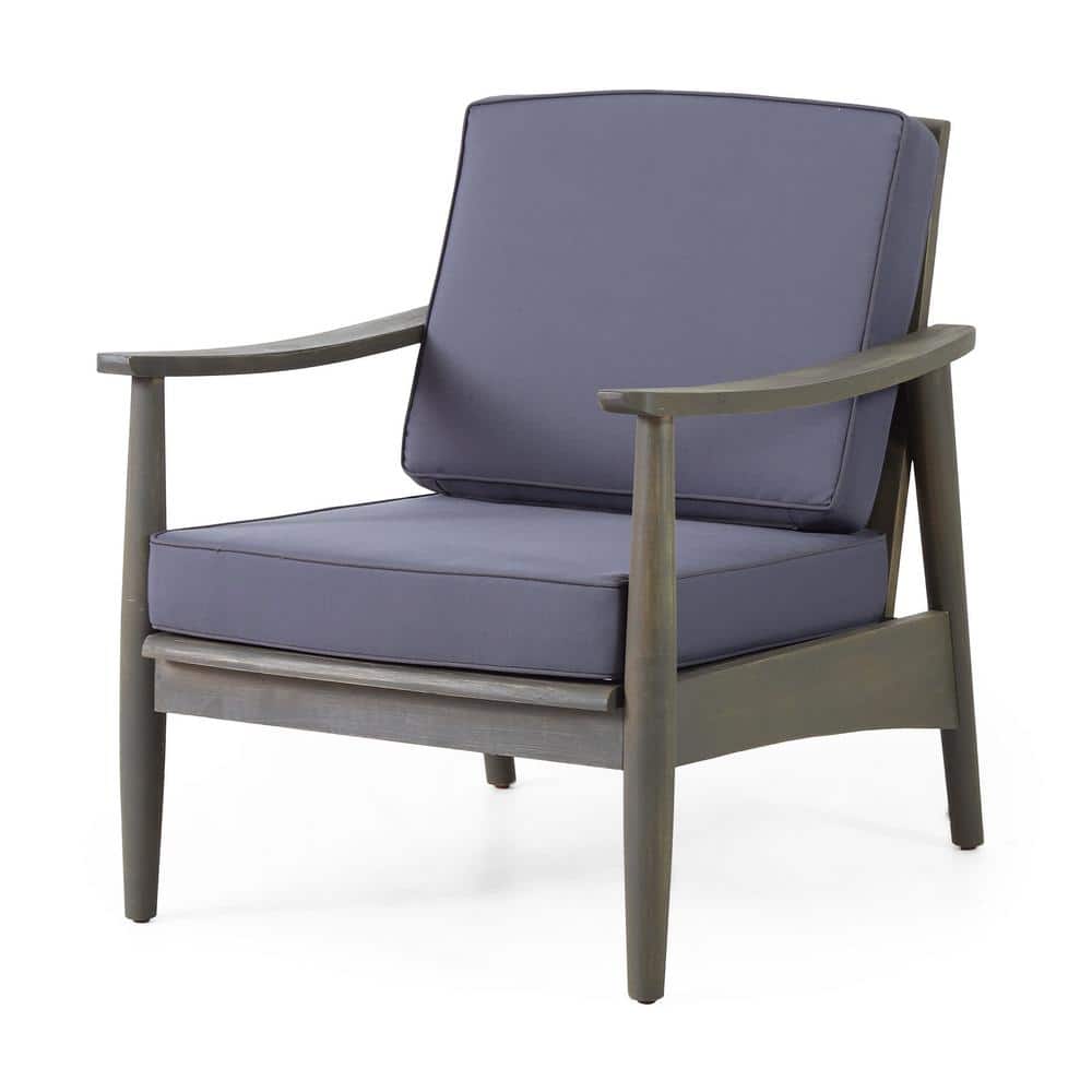 Gray Acacia Wood Outdoor Lounge Chairs with Dark Gray Cushions, Set of 2