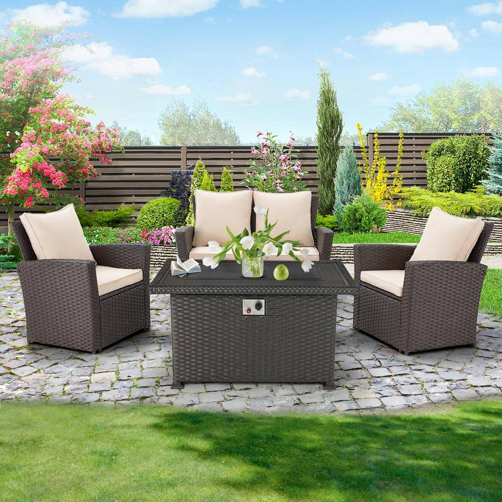 4 Piece Wicker Patio Conversation Set with 44 In. 50,000 BTU Black Fire Pit