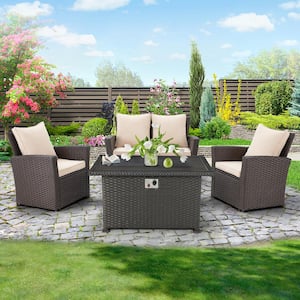 4 Piece Wicker Patio Conversation Set with 44 In. 50,000 BTU Black Fire Pit Table/Wind Guard in Khaki Cushion