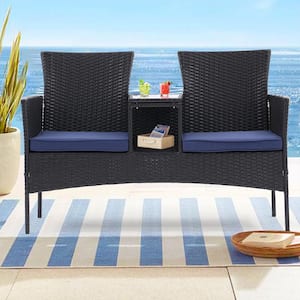 Outdoor Patio Loveseat Set, All Weather PE Rattan and Steel Frame Conversation Furniture with Blue Cushions