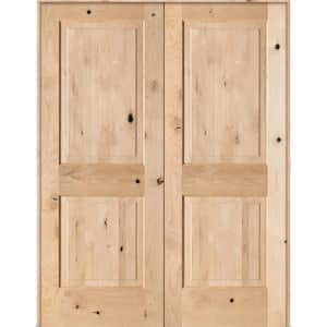 56 in. x 80 in. Rustic Knotty Alder 2-Panel Square Top Both Active Solid Core Wood Double Prehung Interior French Door