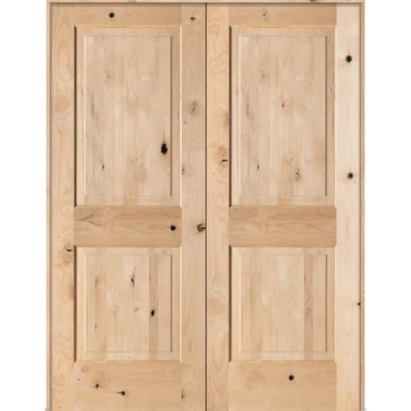 Krosswood Doors 56 in. x 80 in. Rustic Knotty Alder 2-Panel Square Top Both Active Solid Core Wood Double Prehung Interior French Door
