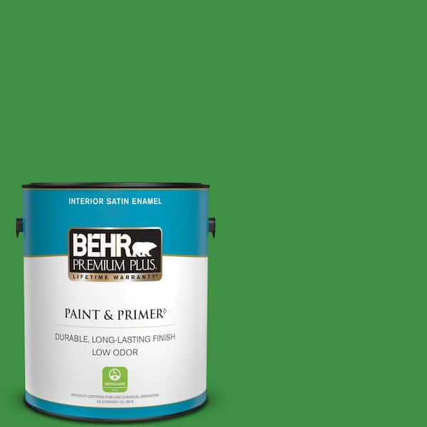 BEHR PREMIUM PLUS 1 gal. #440B-7 Par Four Green Satin Enamel Low Odor Interior Paint & Primer