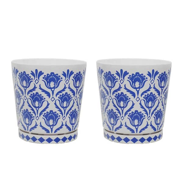 MPG 8.75 in. Dia Royal Blue and White Ikat Pattern Melamine Pot with In-Line Saucer (2-Pack)