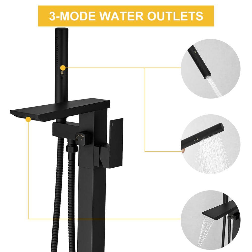 Matte Black Solid Brass Freestanding Tub Faucet with Handheld Shower