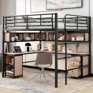 Black and Brown Metal Frame Full Size Loft Bed with L-Shaped Desk, Storage Cabinets, 3-Drawer, Bookcases