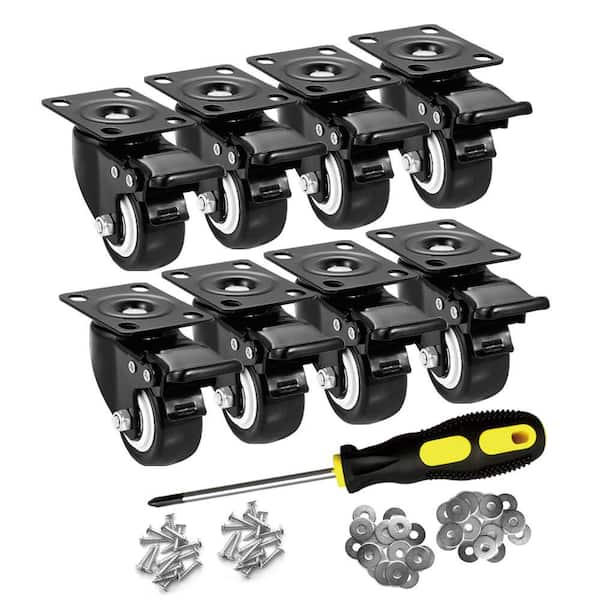 Angel Sar 2 in. Heavy Duty No Noise Locking Polyurethane Caster Wheels with Brake, Black, Set of 8