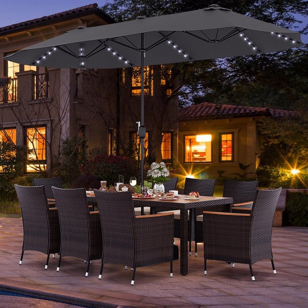 ANGELES HOME 11-Piece Wicker Outdoor Dining Set with Gray 15 ft. Double-Sided Patio Umbrella and Base, Beige Cushion