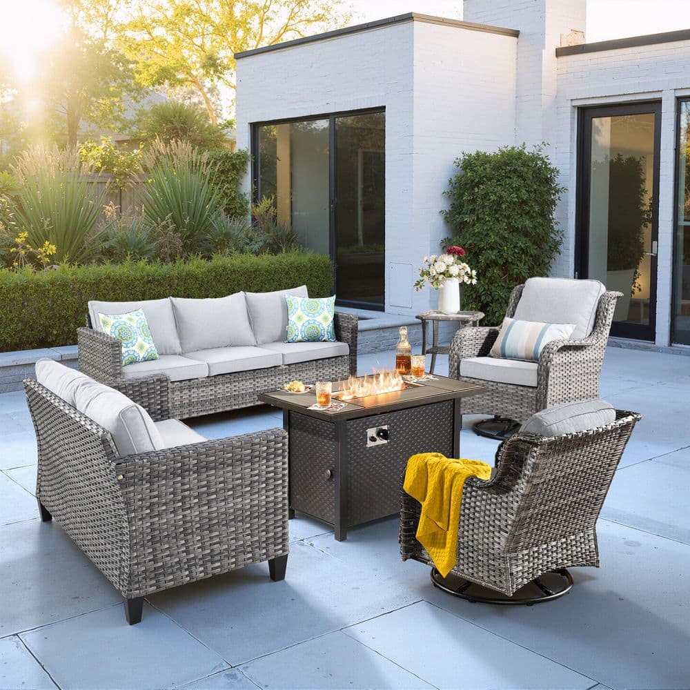 Muse 6-Pieces Wicker Outdoor Patio 42 in. Rectangular Fire Pit Set and Swivel Rocking Chairs with Gray Cushions price history on PriceWatchPro