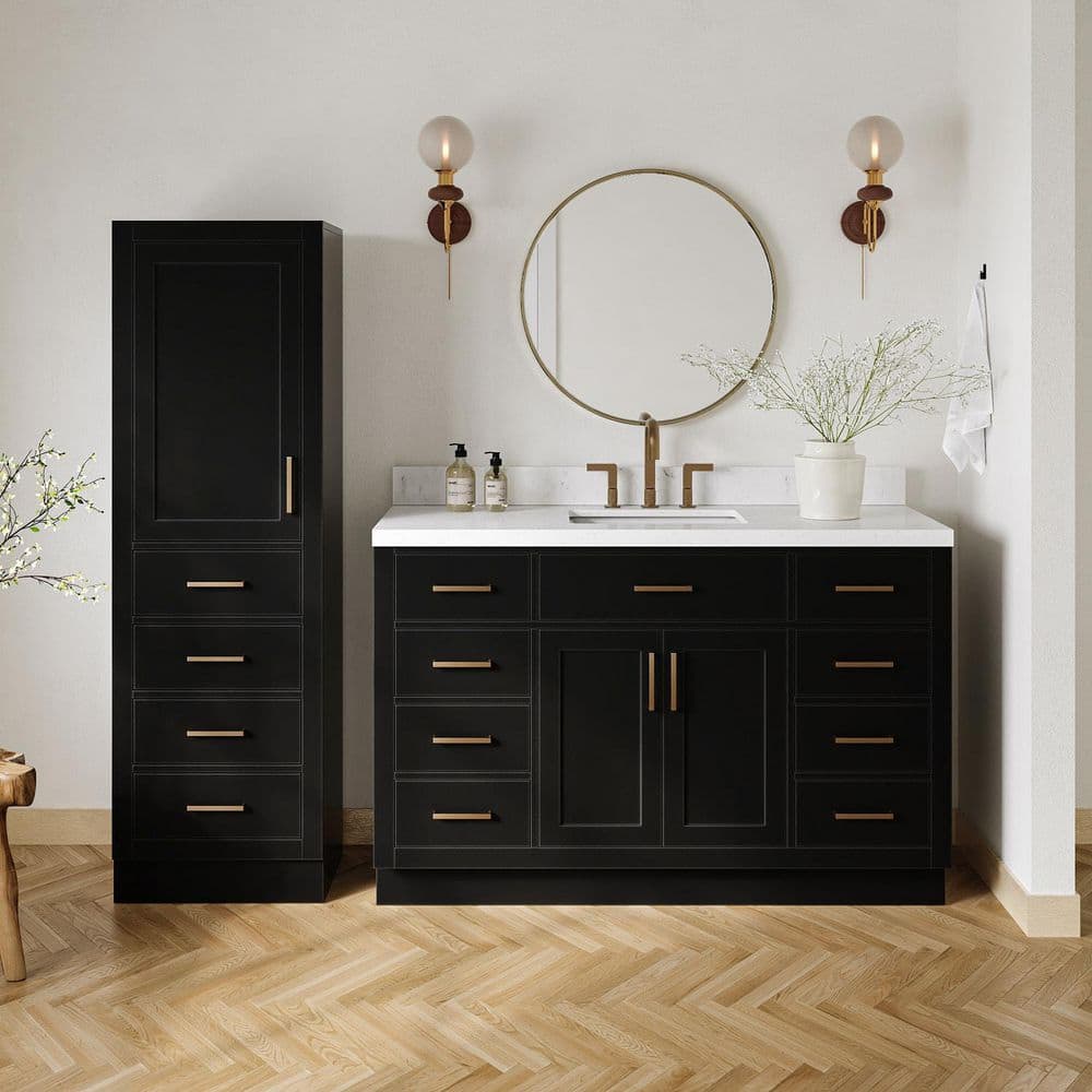 Hepburn 54 in. Single Sink Bath Vanity with Carrara White Quartz Top and Linen Cabinet in Black price history on PriceWatchPro