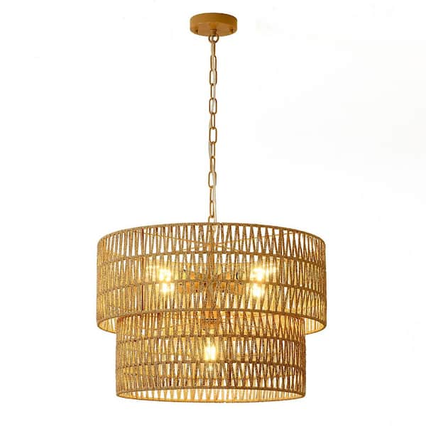 K 20 in. 4-Tier 6-Light Beige Woven Hemp Rope Chandelier