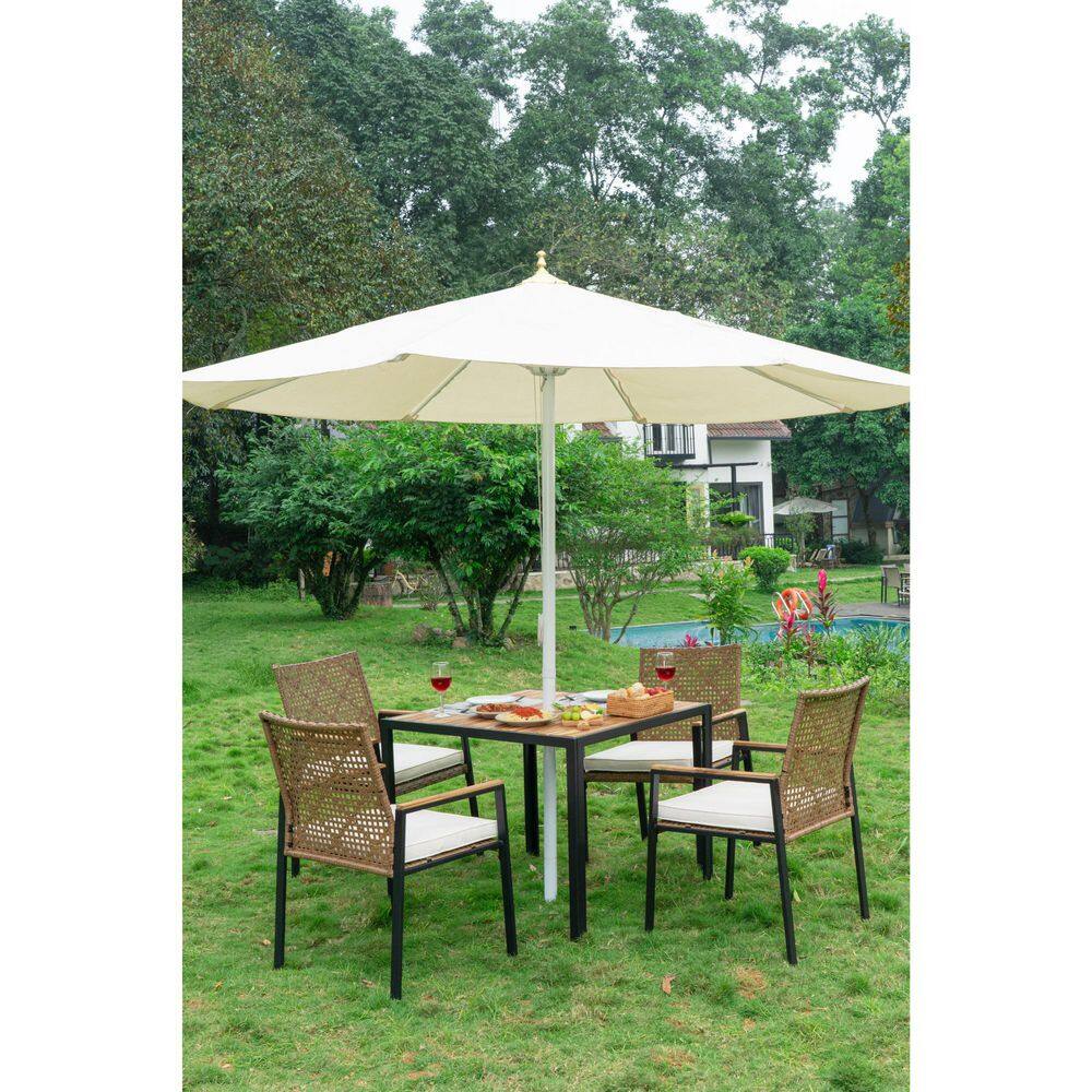 All Weather Yellow 5-Piece Acacia Wood Table Top and Steel Frame Outdoor Dining Set with Beige Cushions price history on PriceWatchPro