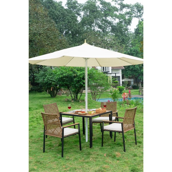 Tenleaf All Weather Yellow 5-Piece Acacia Wood Table Top and Steel Frame Outdoor Dining Set with Beige Cushions