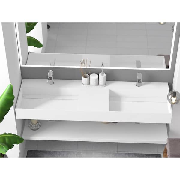 Juniper 60 in. Wall Mount Solid Surface Double-Basin Rectangle Bathroom Sink in Matte White