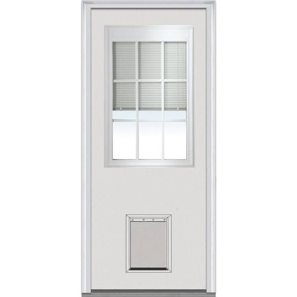 MMI Door 32 in. x 80 in. Internal Blinds and Grilles Left-Hand 1/2-Lite Clear Low-E Primed Steel Prehung Front Door with Pet Door