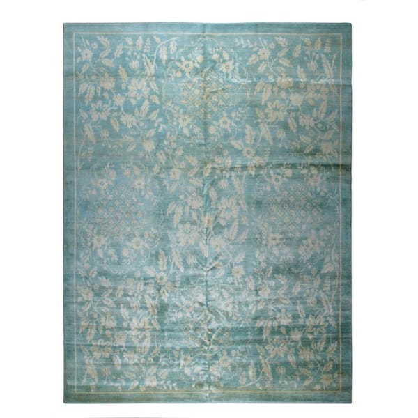 Elegant Aqua Green Hand-Knotted Wool Floral Area Rug – Contemporary Style, Area Rug