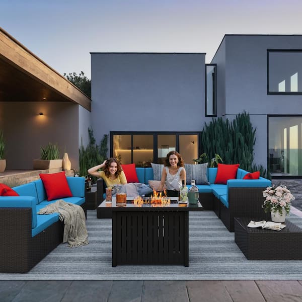 Tozey Luxury 13-Piece Fire Pit Patio Sets Outdoor Conversation Set with Blue Cushions