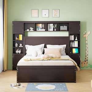 Espresso (Brown) Wood Frame Queen Platform Bed with All-in-One Cabinet Multiple Shelves, Cabinets, Trundle, USB, Drawers