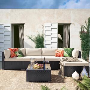 Black 6-Piece Patio Wicker Conversation Set with Beige Cushions and Coffee Table