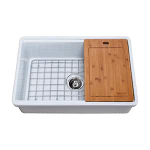 Tosca Farmhouse Fireclay 30 in. Single Bowl Kitchen Sink in White with Cutting-Board, Bottom Grid and Strainer