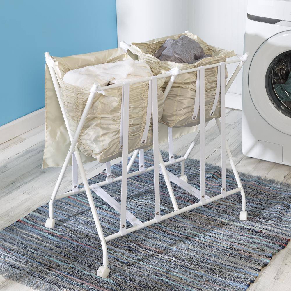 White and Natural Collapsible Double Laundry Hamper with Wheels