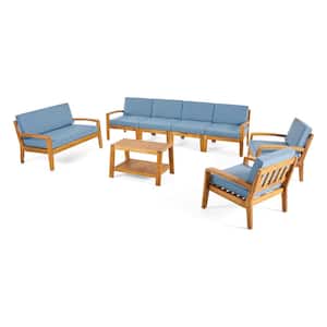Grenada 8-Piece Wood Outdoor Patio Conversation Set with Blue Cushions