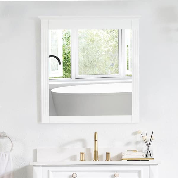 ANGELES HOME 32 in. W x 33 in. H Rectangular Solid Wood Framed Wall Mounted Moisture-proof Bathroom Vanity Mirror in White,Easy Hang