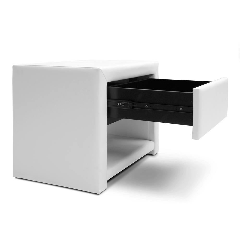 Petite Massey White Faux Leather Modern Nightstand with Single Drawer