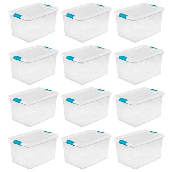 Sterilite 64 Quart Large Latching Stackable Clear Plastic Storage Tote Box,  12 Pack & Deep Clip Container Bins for Organization and Storage, 4 Pack