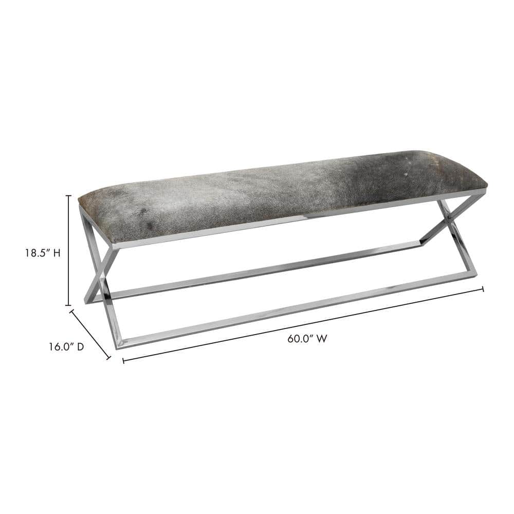 Grey Upholstered Bench with Stainless Steel Frame and Storage