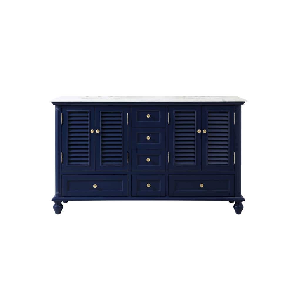 Timeless Home 60 in. W Double Bath Vanity in Blue with Marble Vanity Top in