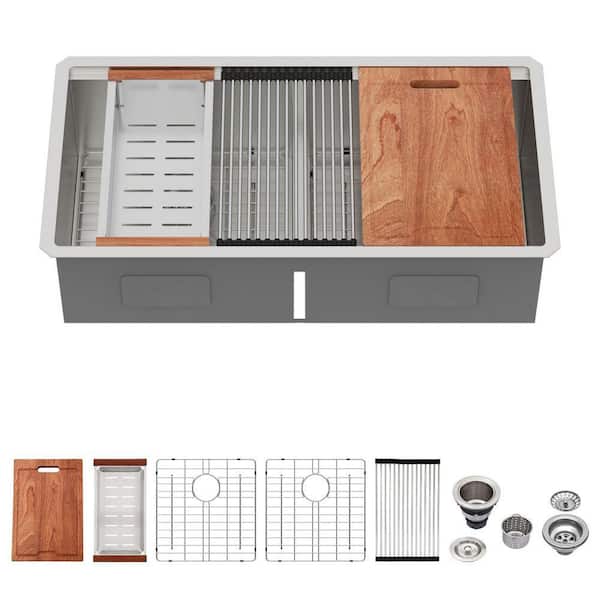 36 in. Undermount 50/50 Double Bowl 16 Gauge Stainless Steel Low Divide Workstation Kitchen Sink with Colander