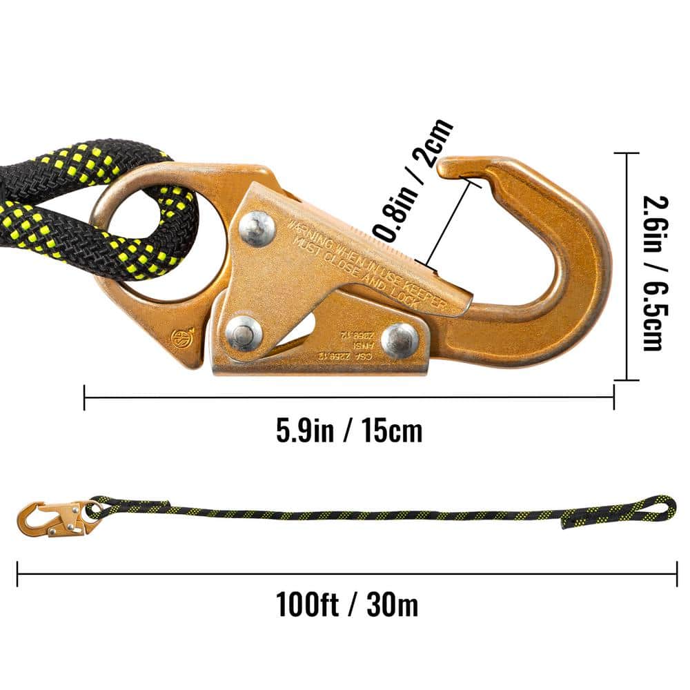 100 ft Black and Yellow Polyester Fall Protection Rope with Steel Snap Hooks