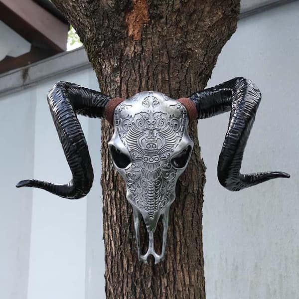 22.44 in. x 15.59 in. Silver Resin Bull Head Skull Wall Hanging