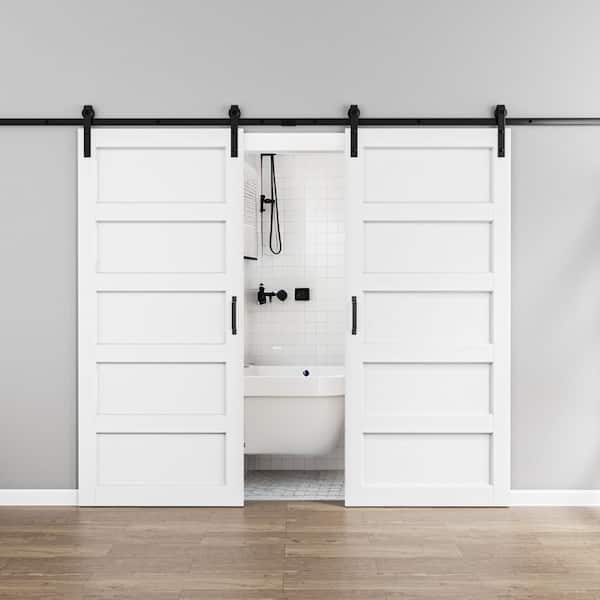 ARK DESIGN 72 in. x 84 in. Paneled 5-Lites White MDF with PVC Finished Sliding Barn Door Slab with Hardware Kit and Soft Close