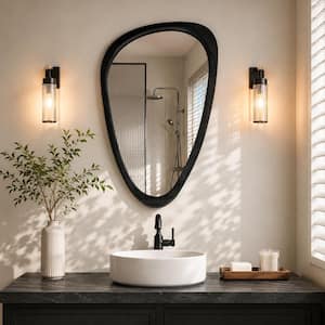 20 in. W x 30 in. H Irregular Natural Black Wood-Frame Wall Mirror, Distinctive Asymmetric Design