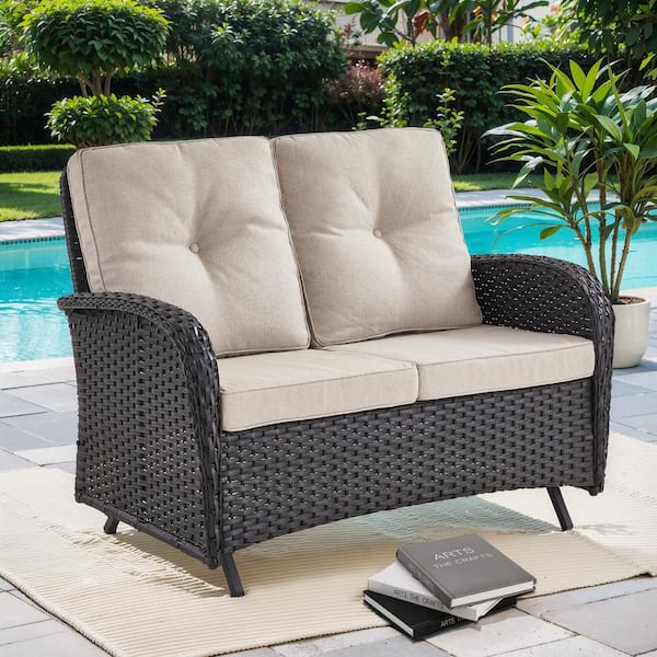 Gymojoy Carlos 2-Person Black Wicker Outdoor Loveseat Glider with Beige Cushions