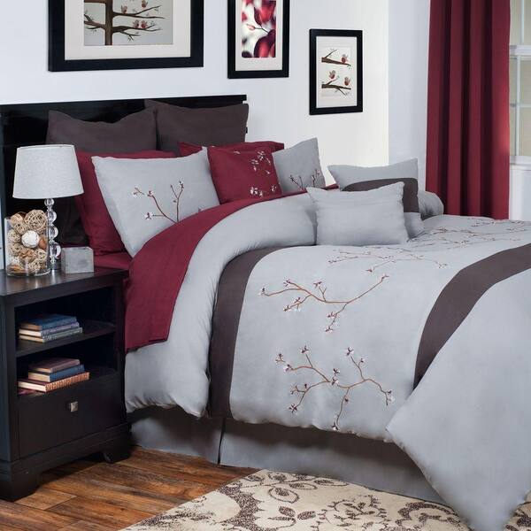 Lavish Home Grace Gray Embroidered 13-Piece Queen Comforter Set