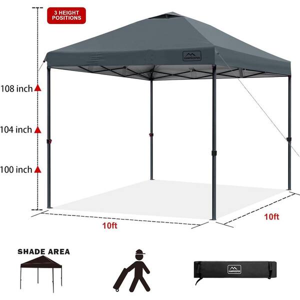 Unbranded - 10 ft. x 10 ft. Dark Gray Pop Up Canopy Tent with Central Push Handle, Adjustable Legs, Air Vent, Weight Bags, Stakes