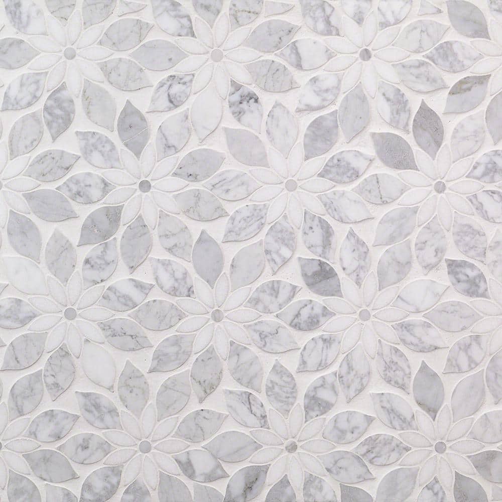Thistle White Polished Marble Waterjet Mosaic Tile Sheet