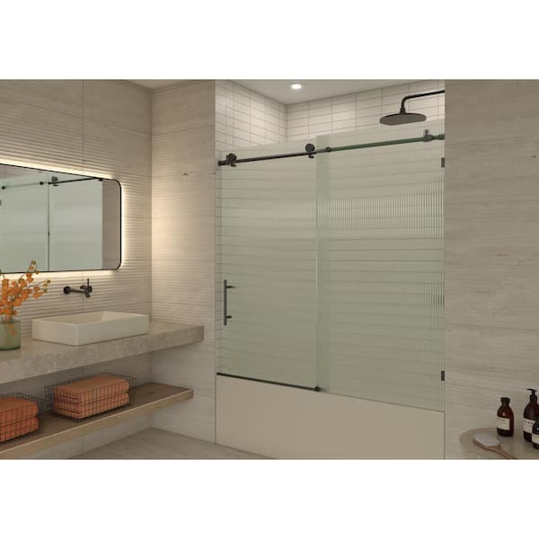 Glass Warehouse Galaxy 56 in. x 60 in. W x 60 in. H Frameless Sliding Bathtub Door in Matte Black with Fluted Glass