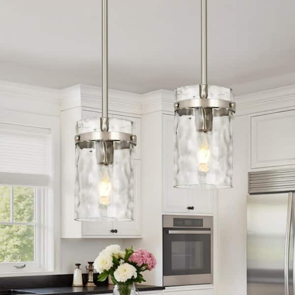 Jasslynn 2-Pack 5.11 in. Brushed Nickel Modern Pendant Light with Water Rippled Glass Shade for Kitchen Island