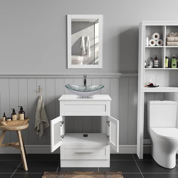 24 in. W x 19 in. D x 33 in. H Single Sink White Bath Vanity with Silver Solid Surface Top Sink and Mirror