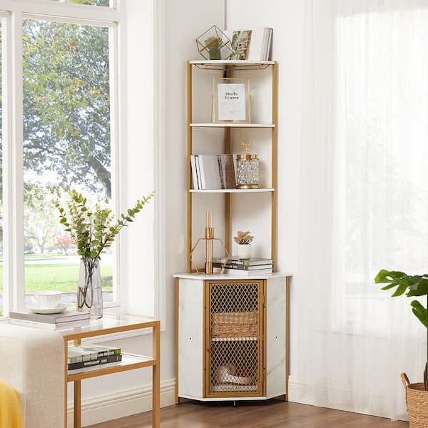 6-Tier Corner Shelf White 62.3 in. Accent Cabinet Office Storage Cabinet with Wine Glass Holder for Living Room