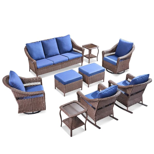 Buenaola 9-Piece Wicker Patio Conversation Set with Swivel Rocking Chairs, Outdoor Sofa Seating Set with Blue Cushions