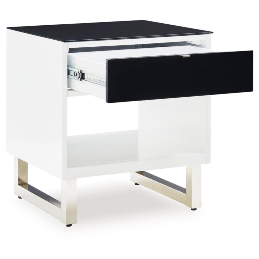 Black and White Glass Top Rectangular End Table with Storage