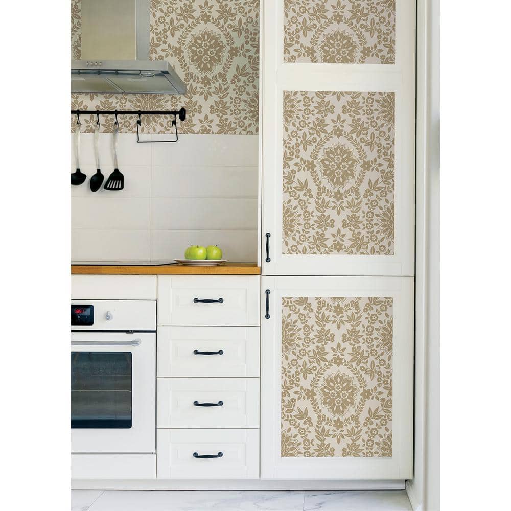 Taupe and Gold Damask Peel and Stick Wallpaper Roll